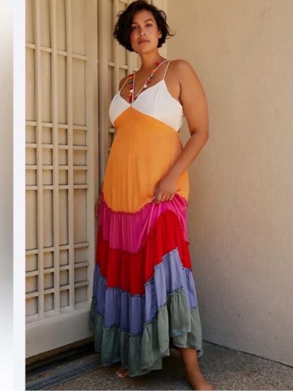 Nwt anthro Colorblock Tiered Maxi dress in Orange, Pink, Red, Purple, Green